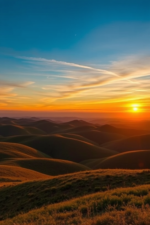 Create a high-resolution image of a serene landscape featuring rolling hills and a vibrant sunset, captured with a Canon EOS 5D Mark IV at f/8, ISO 100, and a shutter speed of 1/60 sec from a wide-angle view, using HDR style for enhanced detail and color.