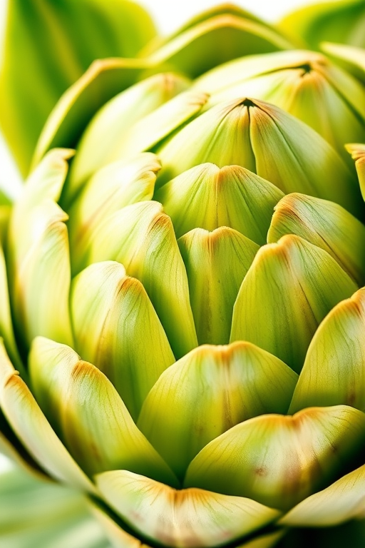 Create a highly detailed watercolor illustration of an artichoke with vibrant green leaves, soft natural lighting, macro lens, f/2.8 aperture, 50mm lens, DSLR camera.