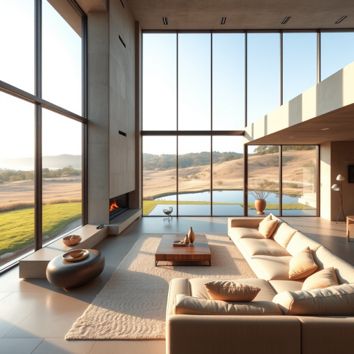 modern minimalist interior design of a spacious living room with concrete walls and large windows overlooking a serene landscape, soft natural lighting, shallow water feature, warm fireplace, soft beige couch, shot with a Canon EOS R5, 24mm lens, aperture f/8, ISO 100, shutter speed 1/60s, wide-angle view to capture the open space