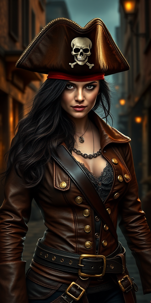 Create a portrait of a fierce female pirate. She wears a leather tricorn hat adorned with a skull and crossbones emblem, and her long, dark hair flows around her face. Her outfit consists of a richly detailed leather jacket, a corset, and multiple layers of belts and accessories, giving her a formidable and stylish appearance. She stands confidently in a dimly lit, historic port town, with a backdrop of weathered buildings and cobblestone streets, capturing the adventurous spirit of a pirate.