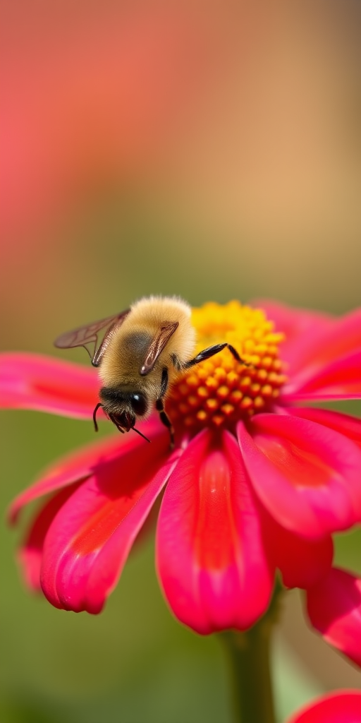 macro photograph of a bee on a vibrant flower, shallow depth of field, 50mm lens, aperture f/2.8, ISO 200, natural lighting, focus on bee with blurred background