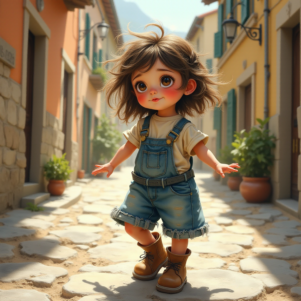 Whimsical little 3-year-old girl wearing scruffy tomboy clothes, boots, messy hair heavily blushed cheeks, pink lips, closely dancing in the street of an Italian village,Textured painterly fantasy artistic mixed media