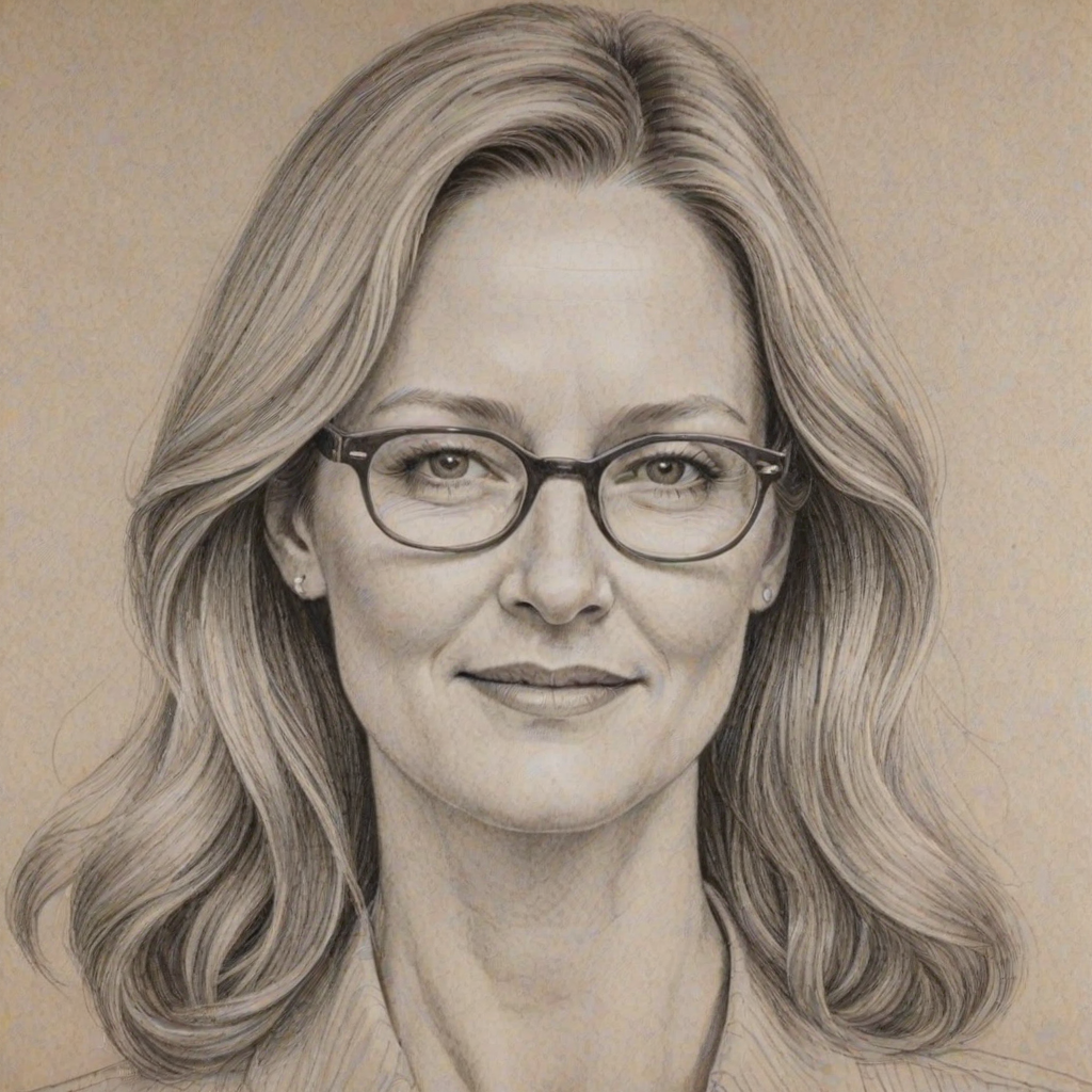 Fascinating Laura Linney, pencil sketch, portrait of Splendid woman 1972s in glasses, hair style beatnik, outline, clear lines, fine lines, 8k