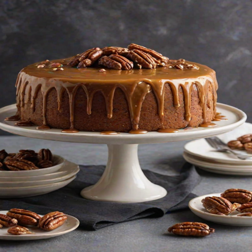 Generate an image of a freshly baked cake with a golden brown exterior, topped with a glossy caramel glaze and sprinkled with whole pecans. The cake should be cut to reveal a moist, fluffy interior, showcasing its rich texture. Display the cake on an elegant white cake stand, with a dark, textured background to enhance the dessert's appeal.