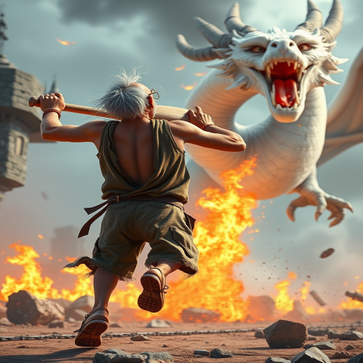 Cartoon 3D High-Resolution,dynamic battle scene using Unreal Engine 5 and Octane Render. The scene features back of an elderly, thai man with a beard,messy hair and round golden-rimmed glasses. He is wearing a tattered tank top with soot marks, shorts, and sandals. sweating. he wields a baseball bat. He jump to fight with a white fire-breathing Europe dragon amidst a partially destroyed stone castle. Include intense flames, smoke, and debris to enhance the dramatic effect.