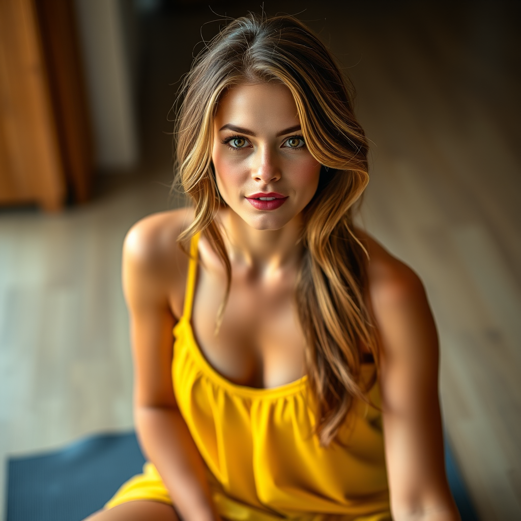 Resplendent photo of woman:caucasian:0.4, highlight hair, wearing Banana dress, sitting on Yoga mat, rim lighting, studio lighting, looking at the camera, dslr, ultra quality, sharp focus, tack sharp, dof, film grain, Fujifilm XT3, crystal clear, 8K UHD, highly detailed glossy eyes, high detailed skin, skin pores