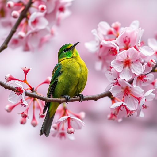 A vibrant green bird perched on a branch of cherry blossoms, with soft pink flowers in full bloom, taken with a DSLR camera at f/2.8, 1/200 sec, ISO 200, shallow depth of field, focus on the bird with a blurred background.