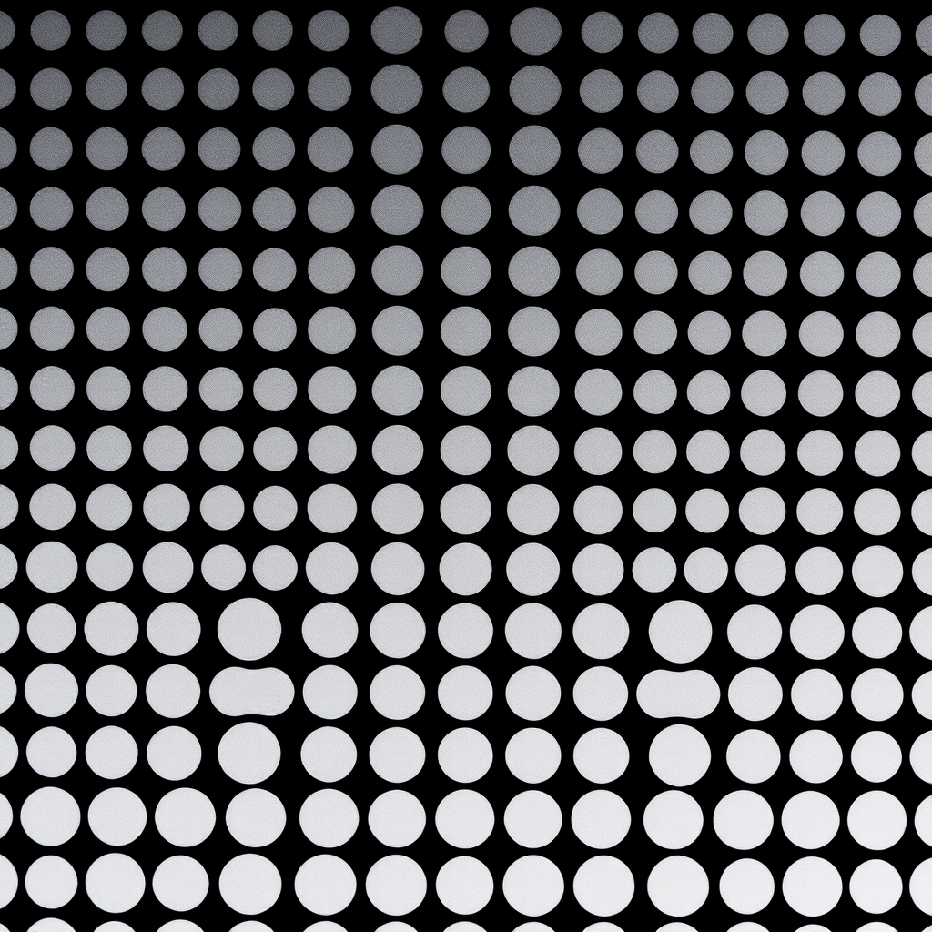 Generate a high-resolution image of a pattern featuring evenly spaced black and white dots, with a gradient effect from small to large, captured using a DSLR camera at f/8 aperture, ISO 100, 1/60 shutter speed, top-down view, utilizing macro lens for enhanced detail.