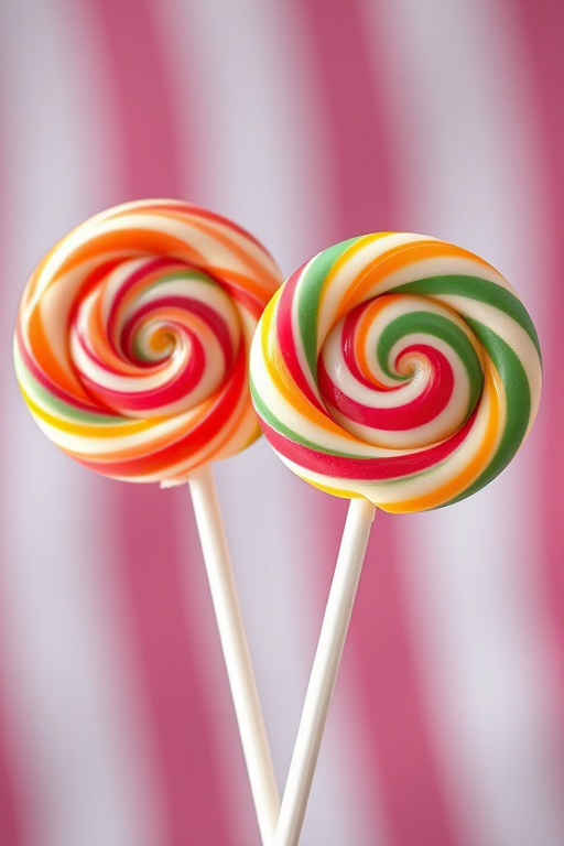 Create a high-resolution digital illustration of two lollipops with swirled colors, using a shallow depth of field, 50mm lens at f/1.8, 1/200s shutter speed, soft natural lighting, and a slight top-down angle to enhance the colors and details.