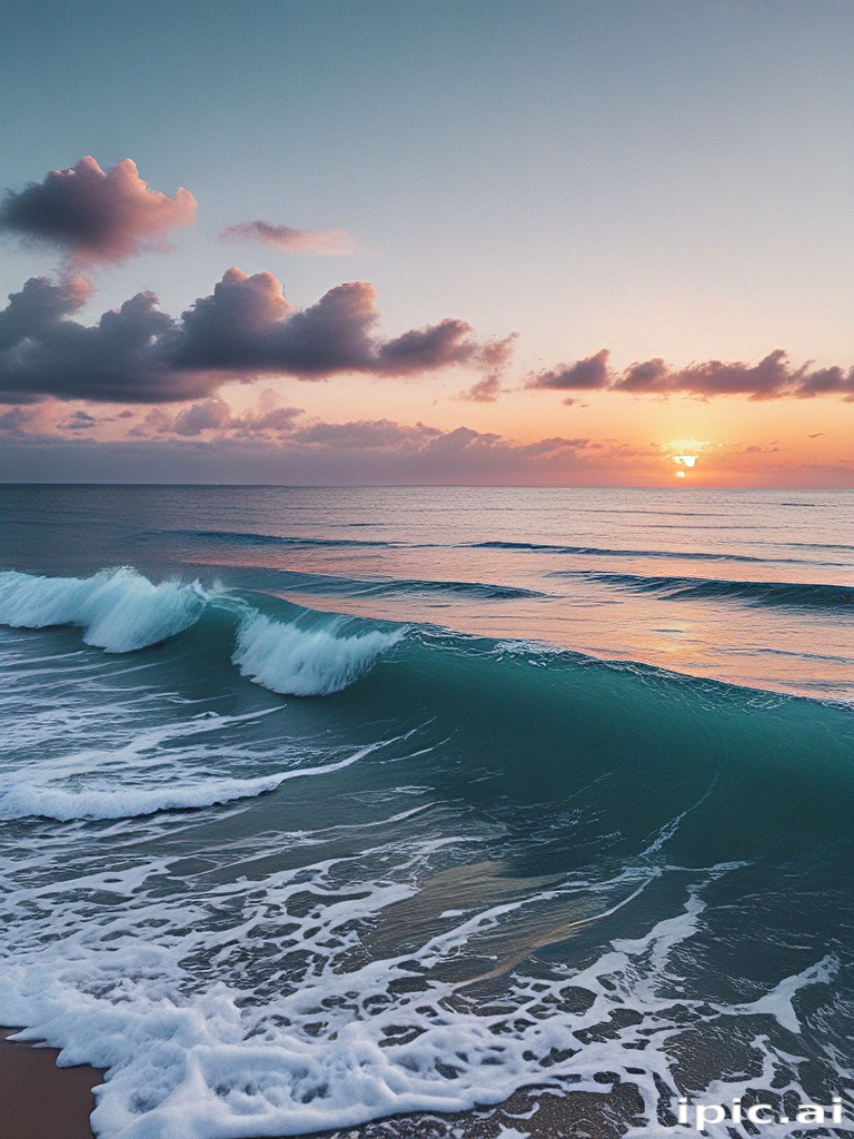 Serene Sunset Over Calm Ocean Waves with Gentle Clouds Above