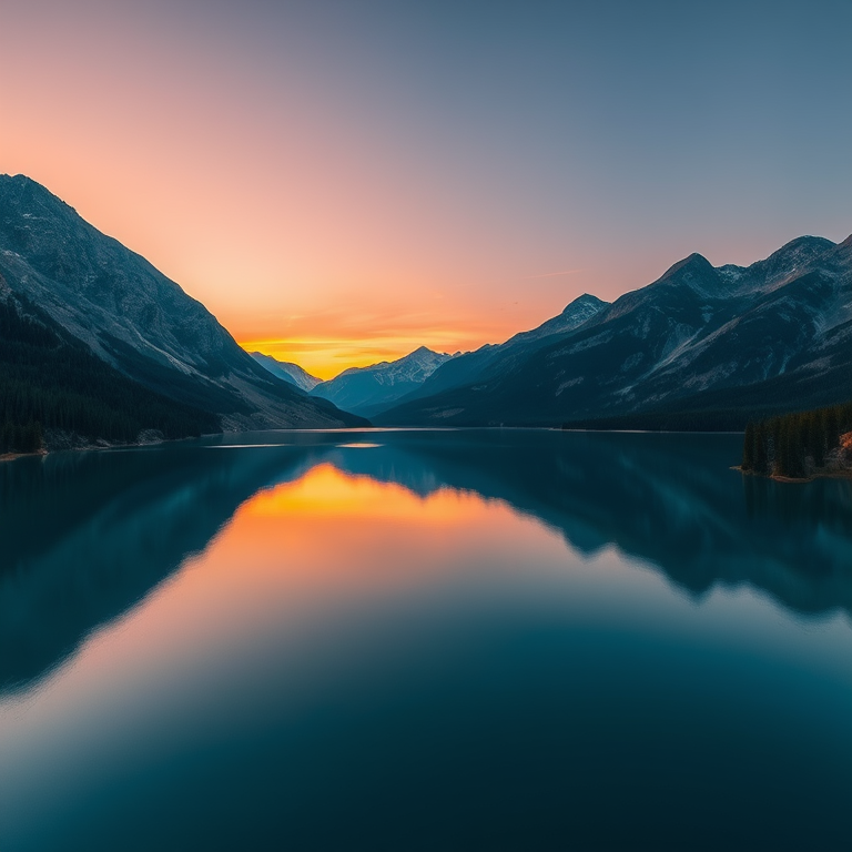 Create a high-resolution image of a serene landscape featuring a calm lake surrounded by mountains at sunset, using a DSLR camera with a 24mm lens, f/8 aperture, ISO 100, shot at 1/125 sec, in landscape mode with vivid colors and high dynamic range.