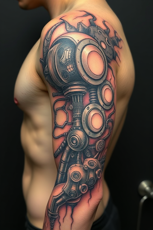 Biomechanical tattoo titled "Cybernetic Symphony" merging organic forms with mechanical components to create the illusion of exposed robotic parts beneath the skin
