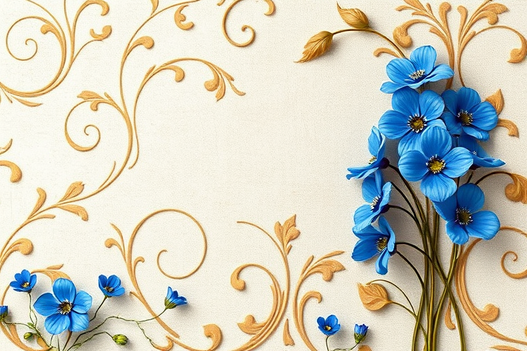 Create a floral-themed photo frame design with a textured background, featuring intricate swirls and vibrant blue flowers, in a well-lit setting, captured with a DSLR camera at f/4.5 aperture, 50mm lens, ISO 100, and a shallow depth of field for enhanced focus on decorative elements.