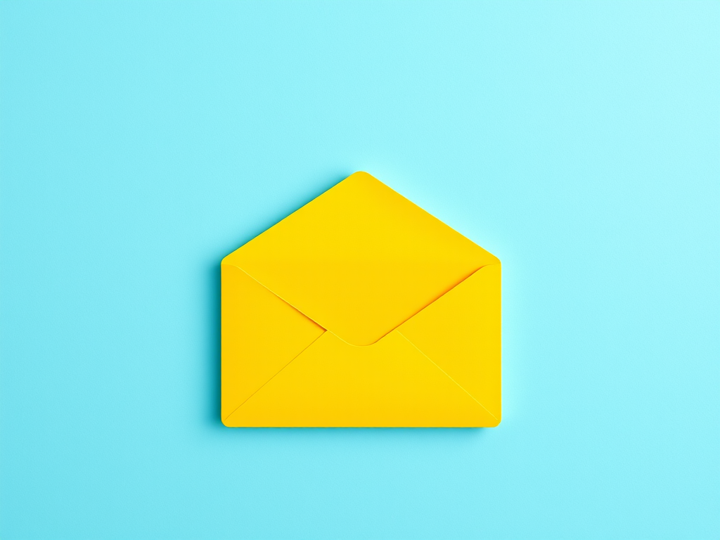 Generate a vibrant email icon with a bright yellow envelope against a soft blue background, high-resolution, 50mm lens, f/2.8 aperture, ISO 100, natural lighting, flat lay view, vector style illustration.