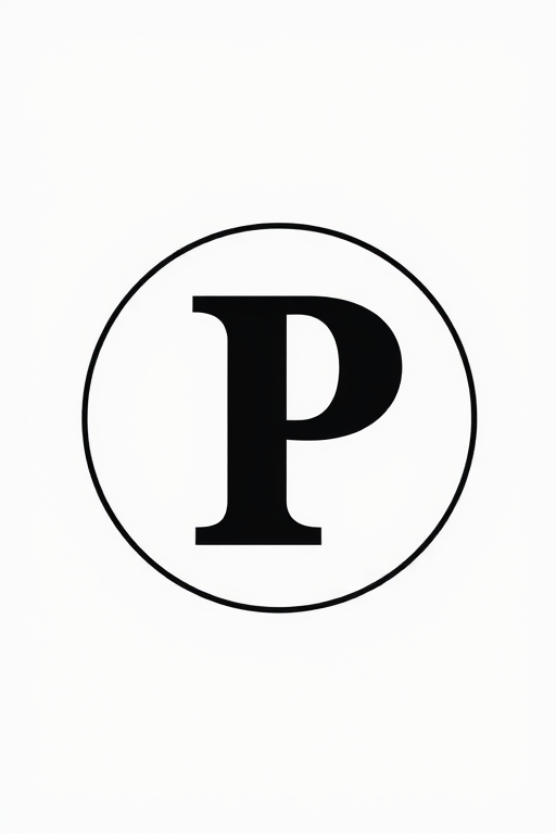 Create a high-contrast black and white image of a large, bold letter 'P' inside a circular border with a plain background, using a DSLR camera, aperture f/8, ISO 100, 50mm lens, shot from a straight-on perspective to enhance sharpness and clarity.