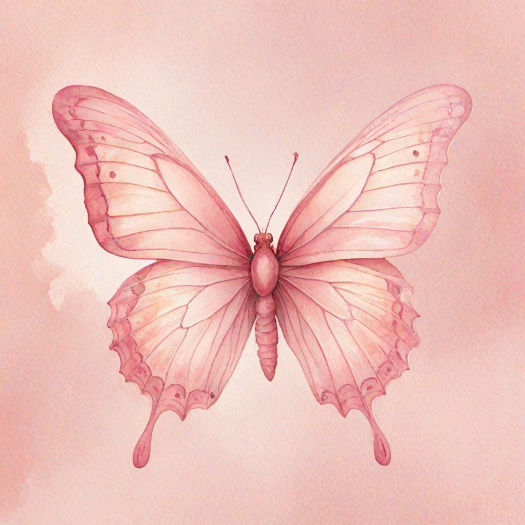 Create a watercolor illustration of a delicate pink butterfly with soft gradient wings, showcasing shades of light pink and cream. The butterfly should be depicted from a side view, highlighting its intricate wing patterns and gentle curves. The background should be minimal to emphasize the beauty of the butterfly.