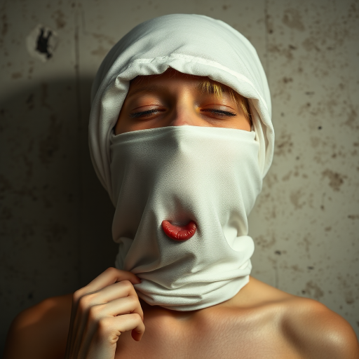 Create a close-up photographic image of the head and torso of a person with light skin tones shown against an old, worn wall. Their head is wrapped in a white cloth covering (i.e.... parts of the head except the nose and mouth, which are open as if they are screaming...), with a slight texture and visible folds in the fabric. Thin strands of blonde hair escape from the wrapping above, falling lightly at the top and sides. Their hands hold the fabric as if they are tugging nervously. The lighting is dramatic and even, casting strong shadows. The image has a minimalist and surreal style with an emphasis on simplicity with soft color tones. The composition is centered.