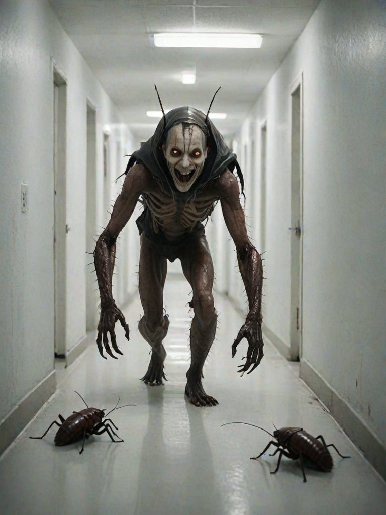 a crooked male with long arms and a creepy smile is crawling along a long white corridor and you can also see cockroaches in it there is a creepy atmosphere creepy art style