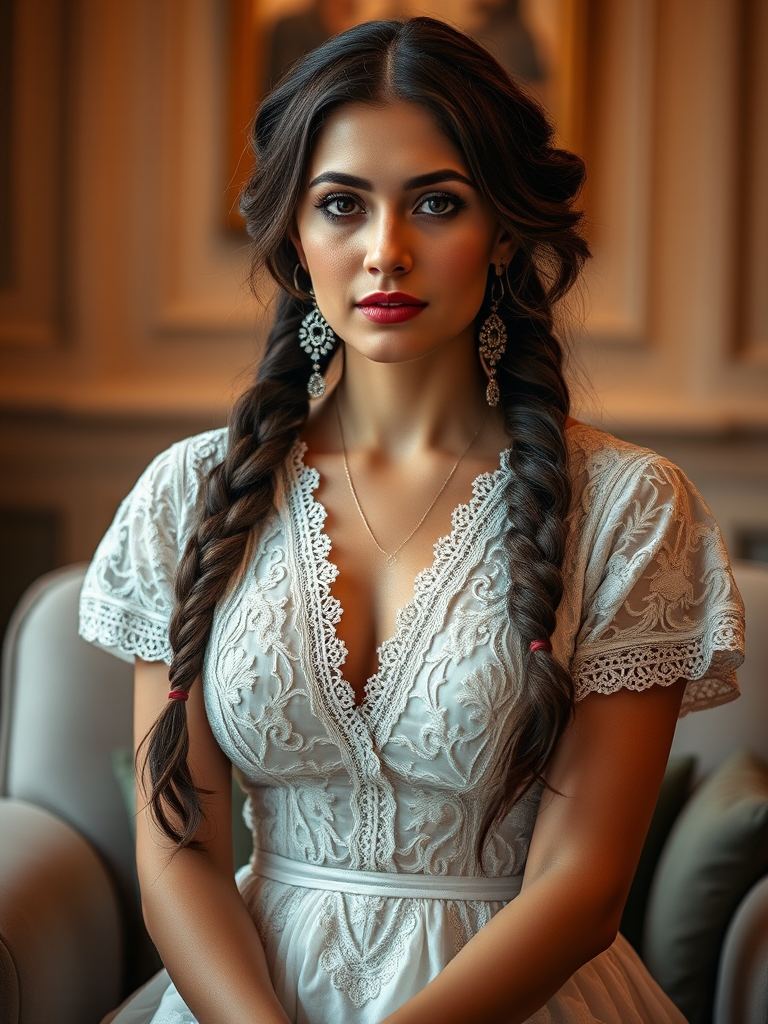 Create a portrait of a refined and elegant Kurdish woman seated in a sophisticated setting. She has long, wavy hair styled in two thick braids that are pulled over her shoulders. She wears a white, lace gown with intricate patterns, featuring a deep V-neckline and short sleeves. The dress exudes a vintage charm with its delicate lacework. She is adorned with ornate, dangling earrings that add a touch of glamour to her appearance. The background is softly lit, with warm, ambient lighting that creates a cozy and inviting atmosphere. Her expression is poised and serene, capturing a sense of grace and elegance.