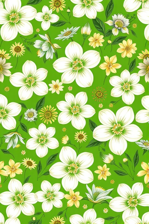 Regenerate a seamless floral pattern featuring various white and green flowers on a vibrant green background, use a 50mm lens, aperture f/5.6, ISO 100, top-down view, digital illustration style, high-resolution output.