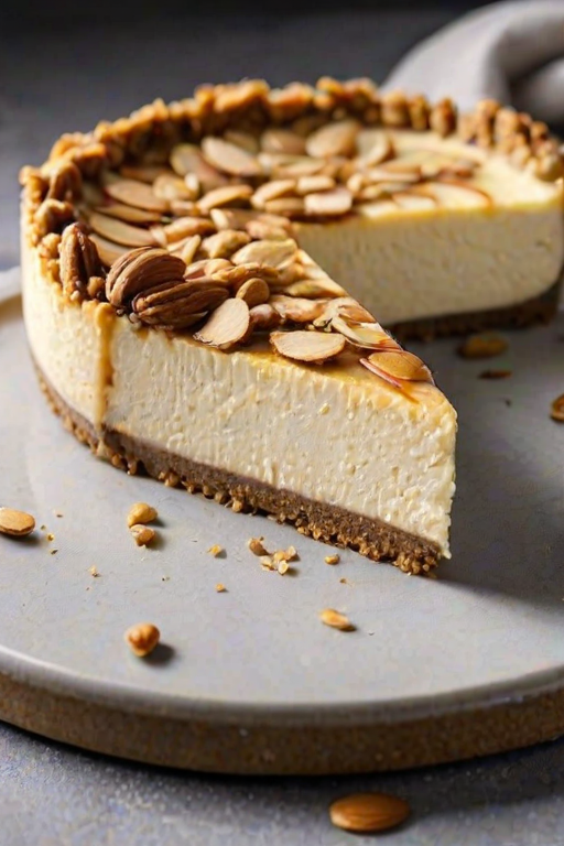 Regenerate the image of a delicious cheesecake with a creamy texture, topped with sliced almonds and resting on a crumbly crust. The cheesecake should look rich and inviting, showcasing its layers and toppings.