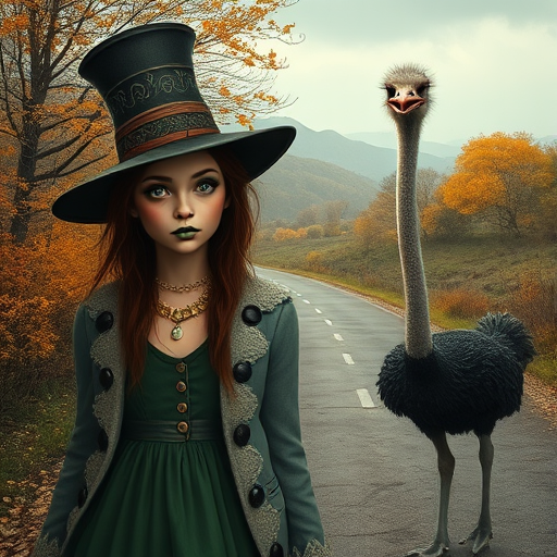 digital art fantasy depicting a strange girl with brown hair, long eyelashes, green lipstick and a tall hat walking along a winding road on an autumn afternoon, an Ostrich smiles as she passes