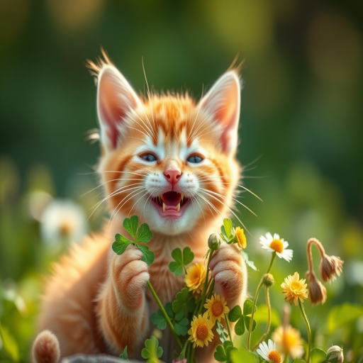 Regenerate an image of a happy orange tabby kitten holding clovers and flowers, soft focus, natural light, shallow depth of field, 50mm lens, f/1.8, ISO 200, warm tones, high resolution, artistic rendering.