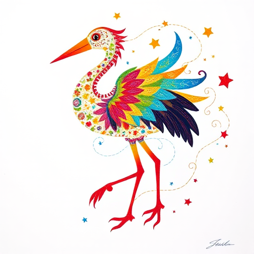 create a vibrant, intricate design of a stork formed from colorful stars and swirls on a white background using a DSLR camera with a 50mm lens, f/2.8 aperture, ISO 100, at a close-up angle to enhance detail and clarity