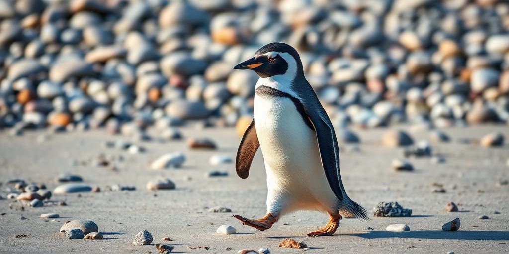 Regenerate the image of a walking penguin on a beach setting with smooth pebbles in the background, use a DSLR camera, 50mm lens, aperture f/2.8, shutter speed 1/250 sec, ISO 200, natural light for enhanced image quality, shallow depth of field to focus on the penguin.