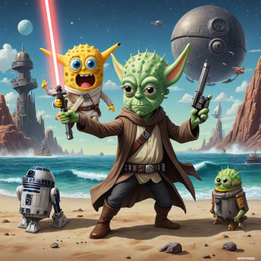 Create a parody of the Star Wars poster with SpongeBob as Luke Skywalker, holding a glowing spatula like a lightsaber. Patrick Star takes the role of Han Solo, holding a blaster, while Squidward is Obi-Wan Kenobi, draped in robes. In the background, Plankton appears as Darth Vader, with Bikini Bottom’s landmarks reimagined as spaceships and planets. The iconic Star Wars logo is swapped for "Sponge Wars," creating a playful, sci-fi adventure scene.