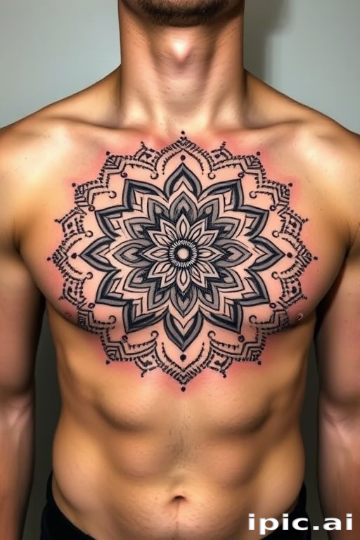 Dotwork mandala tattoo adorning the sternum and upper chest, creating a mesmerizing symmetrical design with thousands of precise black dots