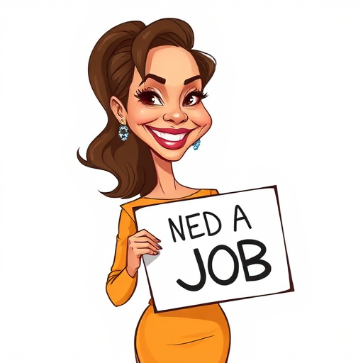caricature of a smiling Jennifer Lopez in a Ochre dress or suit, holding up a sign that says "NEED A JOB", no watermark,