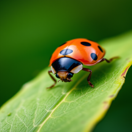 Close-up of a ladybug on a leaf, high-resolution, f/2.8 aperture, 50mm lens, ISO 100, natural light, shallow depth of field, macro photography.