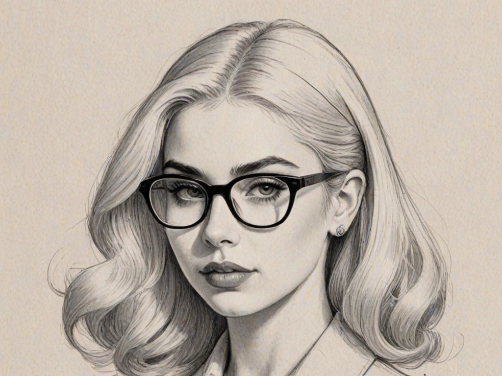 Sublime Ava Max, pencil sketch, portrait of Fascinating woman 1950s in glasses, hair style beatnik, outline, clear lines, fine lines, 8k