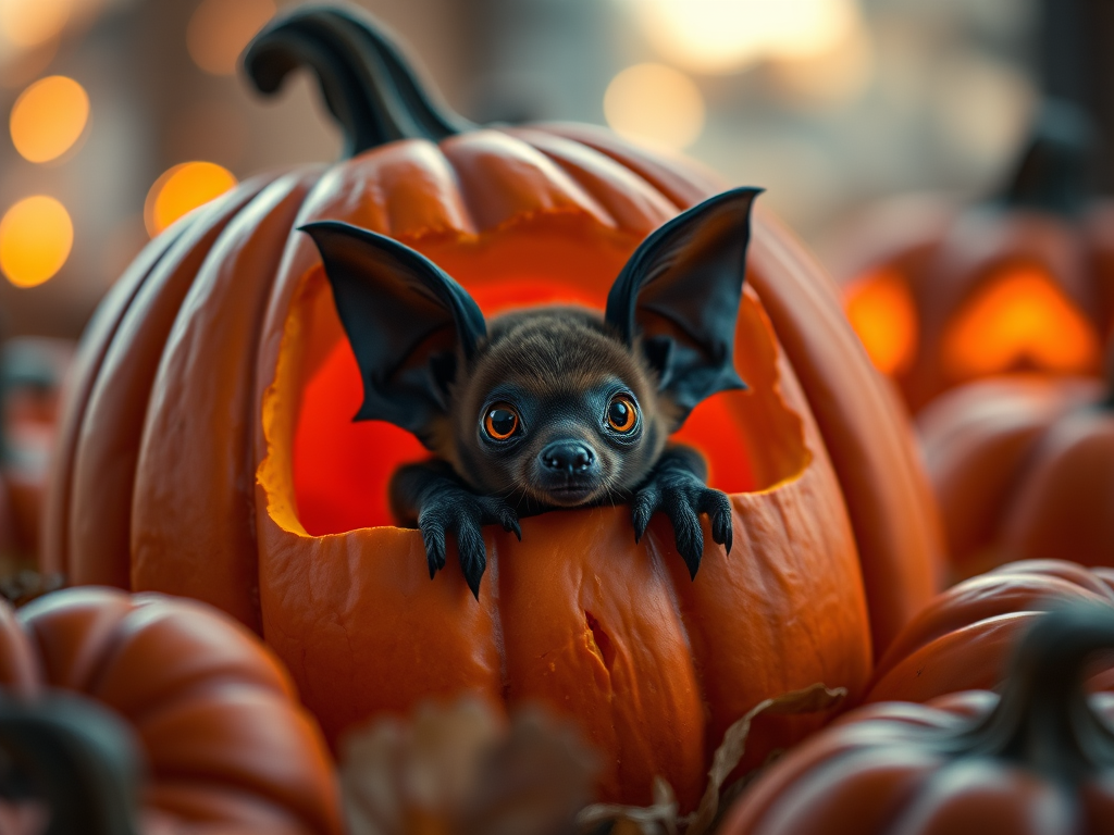 a cute bat peeking out from a carved pumpkin with glowing eyes, surrounded by softly lit autumn pumpkins, warm ambient light, shallow depth of field, Canon EOS 5D Mark IV, 50mm f/1.2 lens, ISO 200, f/1.8, 1/200 sec