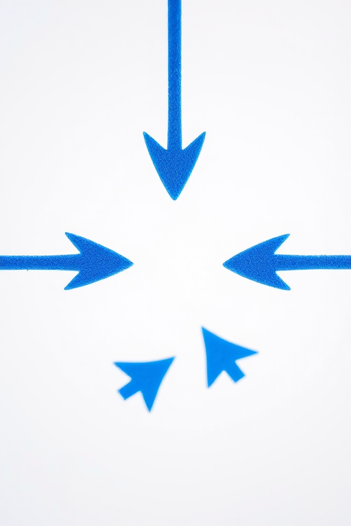 Create an image of four blue arrows pointing in different directions, capture it with a DSLR camera, aperture set to f/4, shutter speed 1/125s, using a macro lens for enhanced detail, and a soft-focus background for depth.