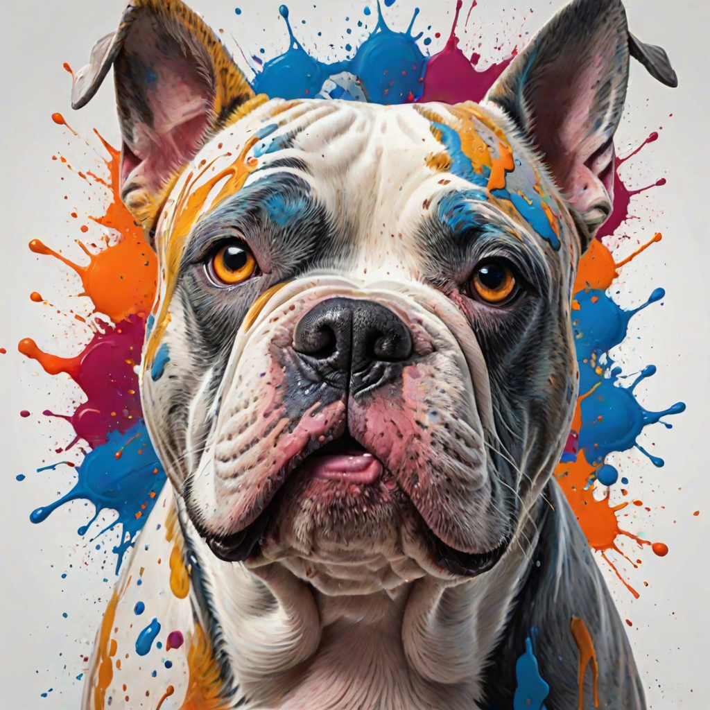 Create a hyper-detailed splash art of an American Bully dog's head on a clean white background. The design should include vibrant color splashes and drips in complementary colors, focusing on the tongue and eyes, expressive features and intricate contours. The dog's expression should be intense, almost roaring, and the overall composition should be different positions, feel fantastic and dynamic, as if a part of a digital fantasy artwork would be rendered in an 8k resolution, inspired by a mix of oil painting techniques and a stylized, epic Instagram aesthetic.