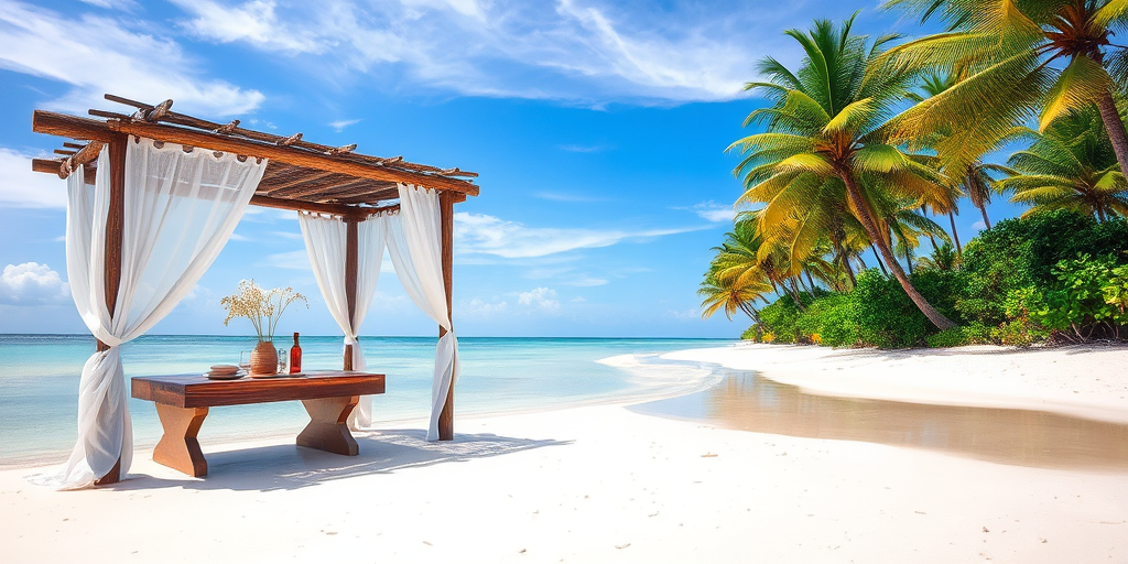 Create a picturesque tropical beach scene featuring a serene, white sandy shore. In the foreground, there's a rustic wooden canopy with white drapes gently flowing in the breeze. Underneath the canopy, a table is set with tropical decor, evoking a sense of relaxation and leisure. The beach extends into a calm, shallow water area with reflections of the sky and surroundings. Palm trees and lush greenery line the edge of the beach, providing a natural, tropical backdrop. The sky is clear with a few scattered clouds, and the overall atmosphere is tranquil and inviting, perfect for a peaceful retreat.