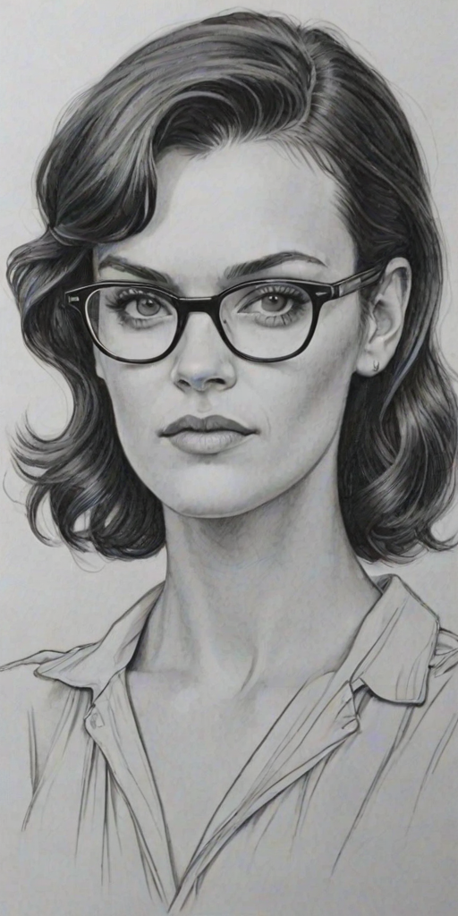 Elegant Frankie Shaw, pencil sketch, portrait of Charming woman 1944s in glasses, hair style beatnik, outline, clear lines, fine lines, 8k