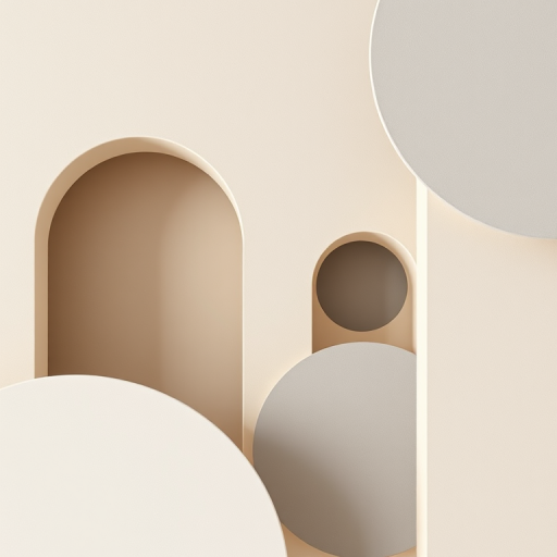 Generate a minimalist abstract design featuring beige and gray arches and circles with soft textures, captured using a DSLR camera at f/8 aperture, 50mm lens, ISO 100, shot from a top-down view for an enhanced focus on geometric shapes.
