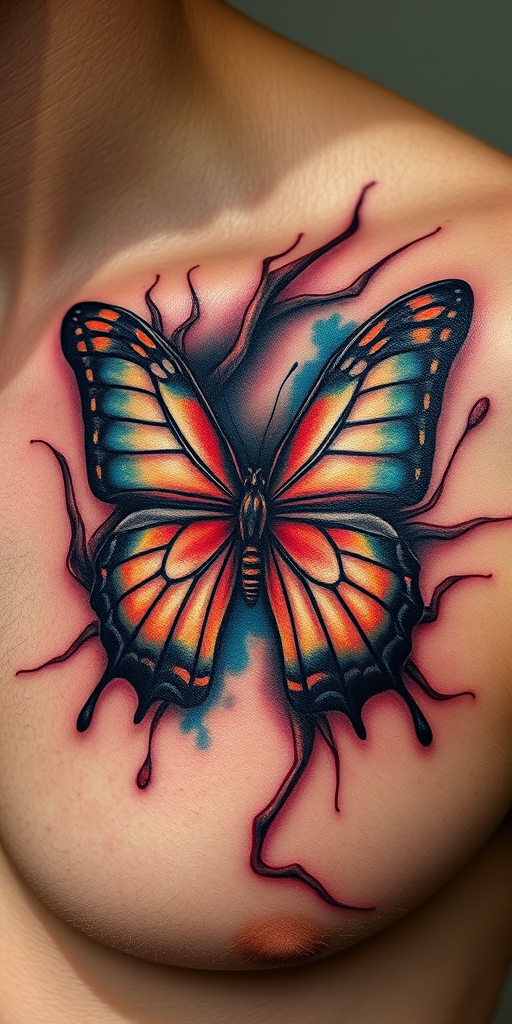 Realistic 3D tattoo entitled "Living Canvas" depicting a hyper-realistic butterfly emerging from the skin, complete with lifelike textures, shadows, and depth, suitable for shoulder or chest placement