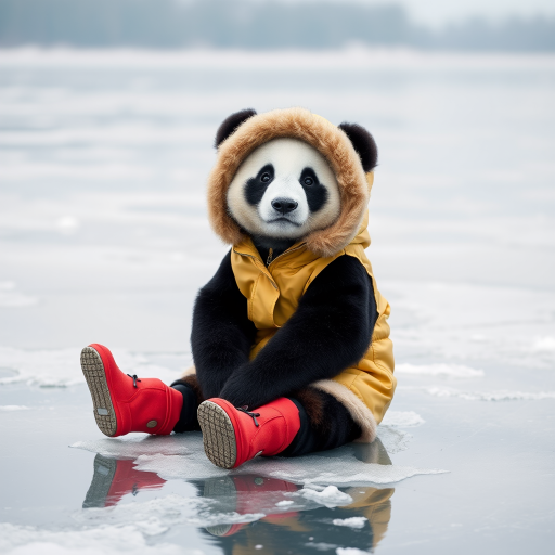 The image is a high-resolution photograph of a charming panda named Huahua, depicted sitting on the frozen surface of a serene lake in Finland. Huahua has her distinctive black and white fur, and she is dressed in a cozy winter outfit, complete with a thick parka, snow boots, and a warm hat with ear flaps. The outfit is detailed with fur lining and bright, contrasting colors, adding warmth and vibrancy to the cold setting.