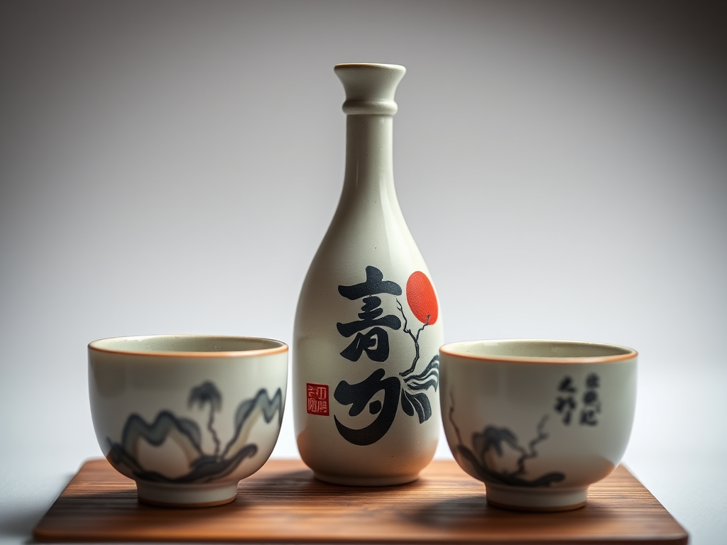 Create a ceramic sake set featuring a traditional Japanese design with a large sake bottle and two cups, soft diffused lighting, ISO 200, f/2.8 aperture, 50mm lens, centered composition, focus on intricate details of the artwork, shallow depth of field.
