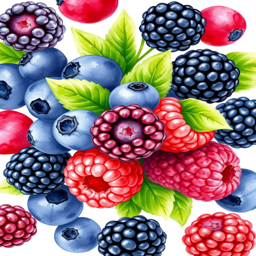 a watercolor illustration of a cluster of assorted berries including blueberries, blackberries, and raspberries with green leaves, on a white background