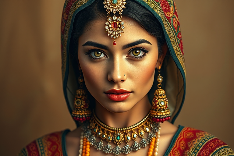 Create a portrait of a beautiful Hispanic woman with striking white eyes and a gentle expression. She is adorned in traditional attire with intricate patterns, including a richly embroidered headscarf and matching garments. Her jewelry includes a delicate headpiece, dangling earrings, and ornate bracelets, all featuring vibrant gemstones and detailed metalwork. The background is soft and warm, enhancing the rich colors of her outfit and jewelry.