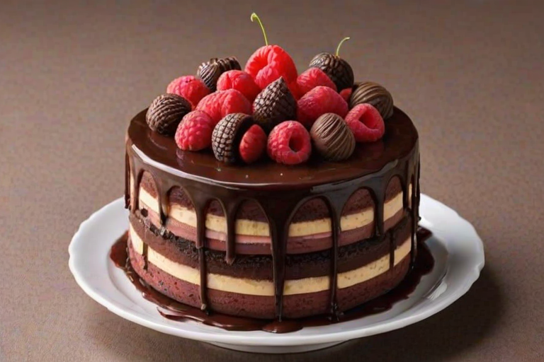 Create an image of a multi-layered cake with distinct layers in different colors. The top layer should be glossy chocolate ganache, adorned with fresh raspberries and decorative chocolate pieces. Beneath, there should be layers of rich chocolate, raspberry cream, and a dark chocolate base. The cake should be sliced to reveal the colorful layers inside, set against a simple, neutral background.