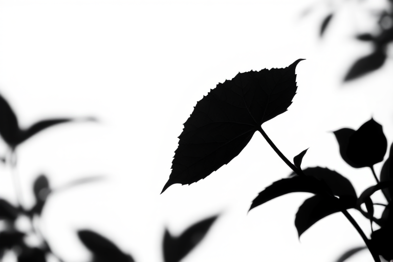 Generate a high-contrast black silhouette of a leaf against a white background, using a DSLR camera, aperture set to f/2.8 for shallow depth of field, 50mm lens, ISO 100, capturing at eye level in natural light for enhanced clarity.