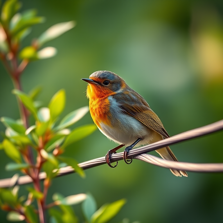 Capture a vibrant close-up of a small bird perched on a wire, surrounded by lush green foliage, using a Canon EOS 5D Mark IV with a 100mm f/2.8 macro lens, at f/4 aperture, ISO 200, 1/500 sec shutter speed, with a shallow depth of field and soft bokeh background to enhance image quality.