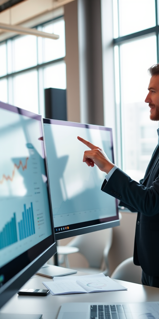 two professionals analyzing data on large screens in a modern office environment, focus on their hands pointing at graphs and charts, natural light streaming through windows, camera settings f/2.8, ISO 400, shutter speed 1/60, camera type DSLR, camera view close-up, camera style portrait.