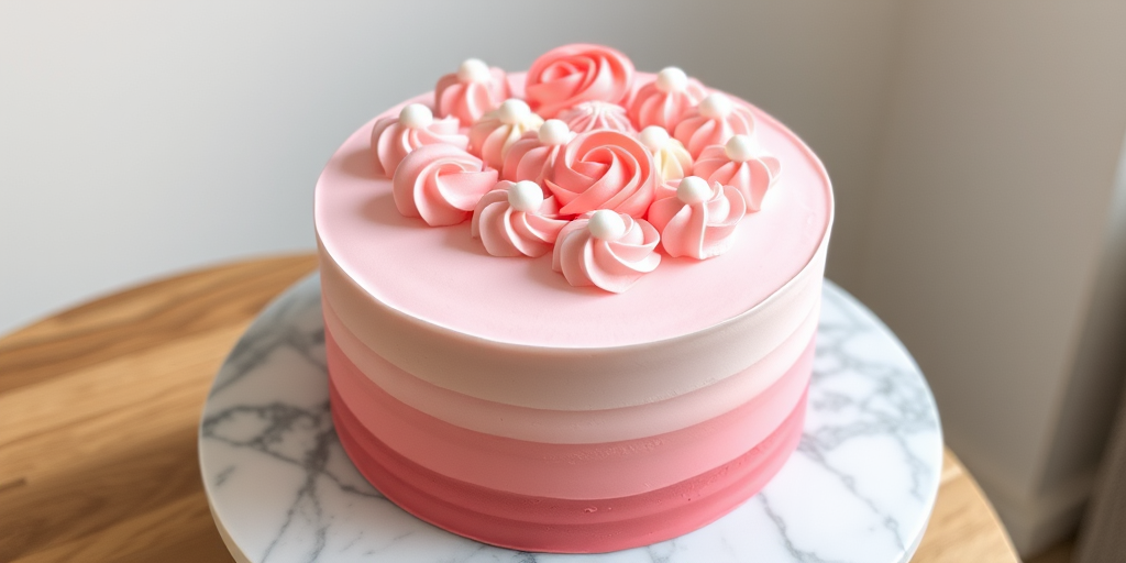 A beautifully decorated cake with a smooth pink ombre frosting design featuring swirls of light pink and coral rosettes on top along with small dollops of white frosting, placed on a round marble cake stand.